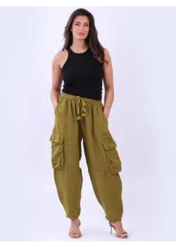 Italian Loose Fit Linen Solid Cargo Trouser