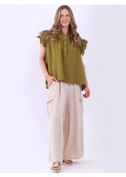 Made In Italy Plain Linen Lagenlook Ruffle Blouse
