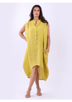 Italian Sleeveless Oversized Linen Collarless Dress