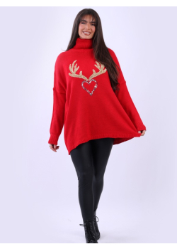 Italian Sequin Heart Reindeer Christmas Woolen Knit Baggy Jumper