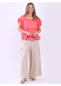 Italian Hop Sack Patches Linen Crop Boxy Top