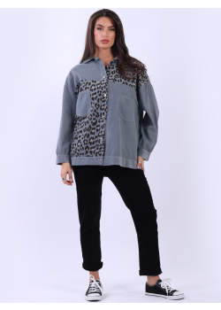 Button Up Leopard Panel Women Cotton Shacket