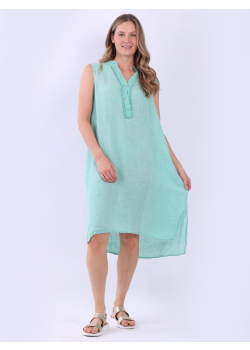 Italian Plain Sleeveless Front Lace Placket Linen Lagenlook Shift Dress