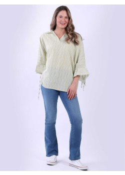 Stripy Batwing Bell Arms Ladies Cotton Shirt 