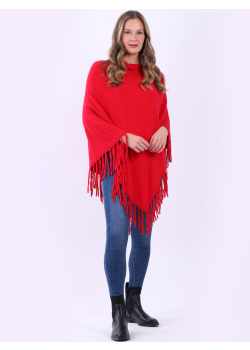 Women Cowl Neck Plain Knitted Fringe Hem Poncho