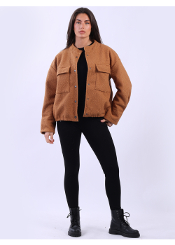 Women Flap Pockets Woolen Crop Jacket