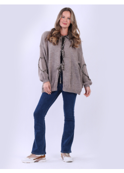 Women Leopard Trim Tied Front Knitted Cardigan