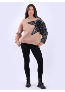 Women Sequin Star Baggy Fleece Boxy Top