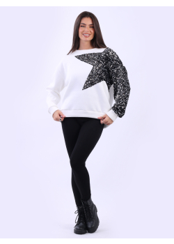 Women Sequin Star Baggy Fleece Boxy Top