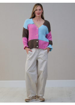 Wool Knitted Color Block Boxy Cardigan