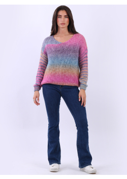 Wool Knitted Drop Shoulder Boxy Rainbow Crop Pullover