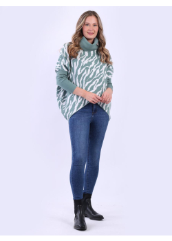 Zebra Print Cowl Neck Lagenlook Knitted Ladies Batwing Jumper