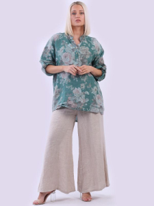 Italian Floral Print Button Down Linen Lagenlook Top