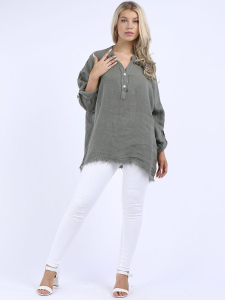 Plus Size Plain Raw Edges Relaxed Fit Linen Lagenlook Top