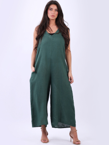 Italian Plain Sleeveless Linen Lagenlook Wide Leg Dungaree
