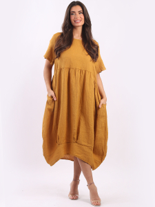 Made In Italy Plain Linen Quirky Lagenlook Midi Swing Dress
