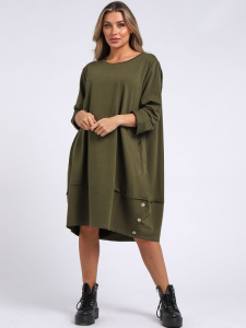 Plus Size Plain Buttoned Hem Cotton Lagenlook Slouch Dress