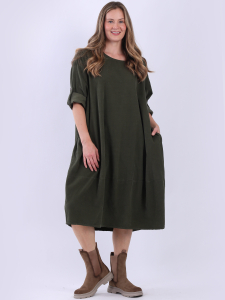 Plus Size Tabbed Sleeves Cotton Corduroy Dress