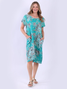 Italian Floral Print Side Ribbed Linen Lagenlook Dress
